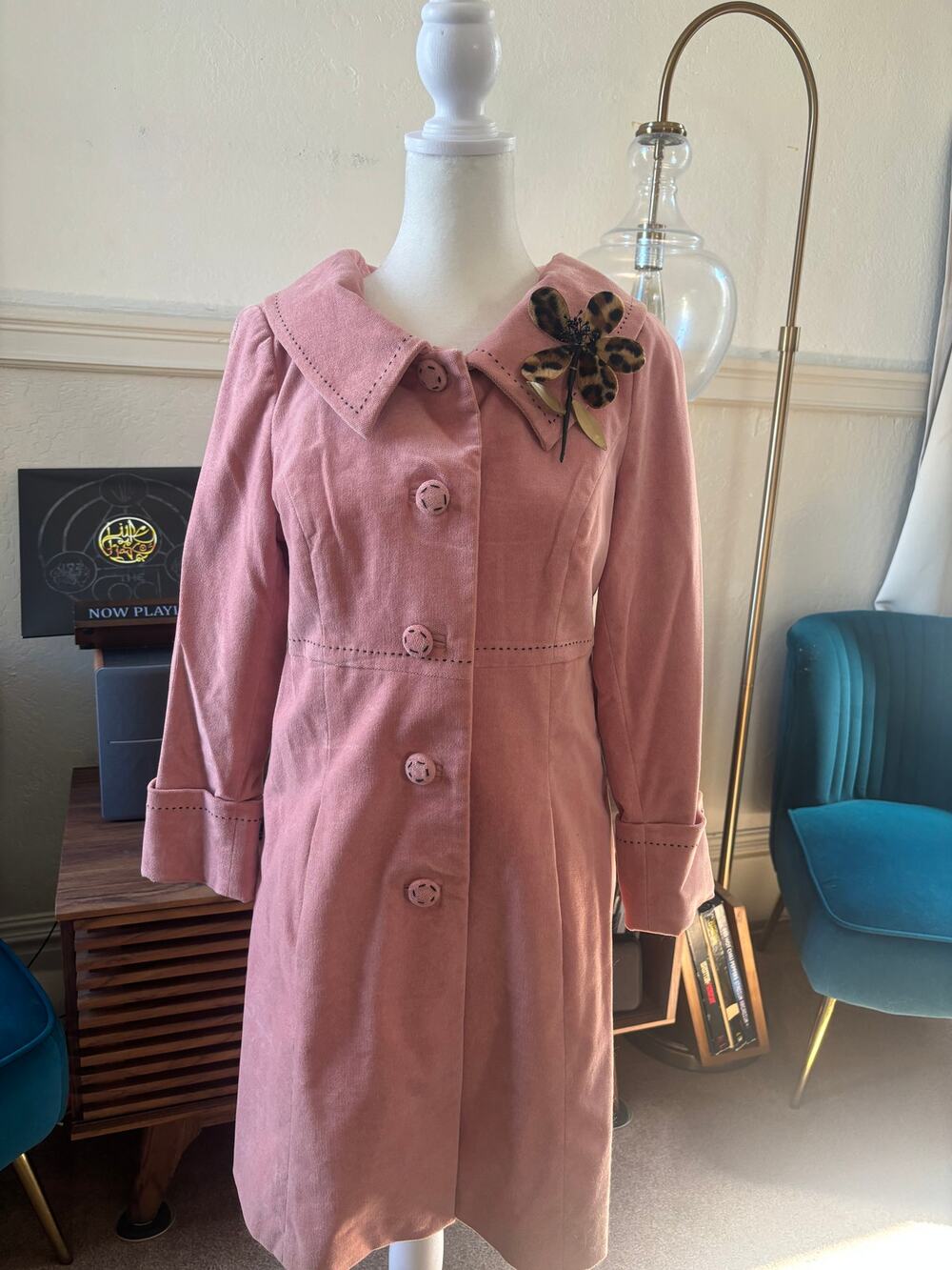 Anthropologie Dusty Rose Cotton Coat Size 8 Sailor Collar Black Stitch Brooch